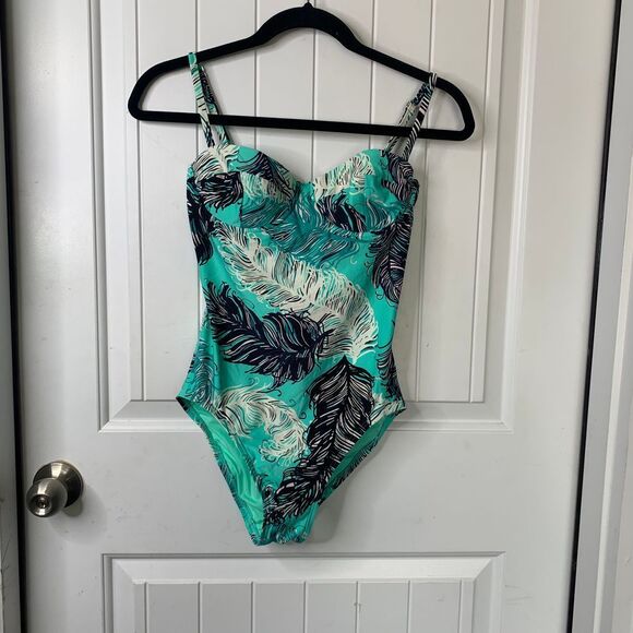Kate Spade green One Piece Swimsuit Feather Print Padded Bustier Teal Size Small - Picture 1 of 5